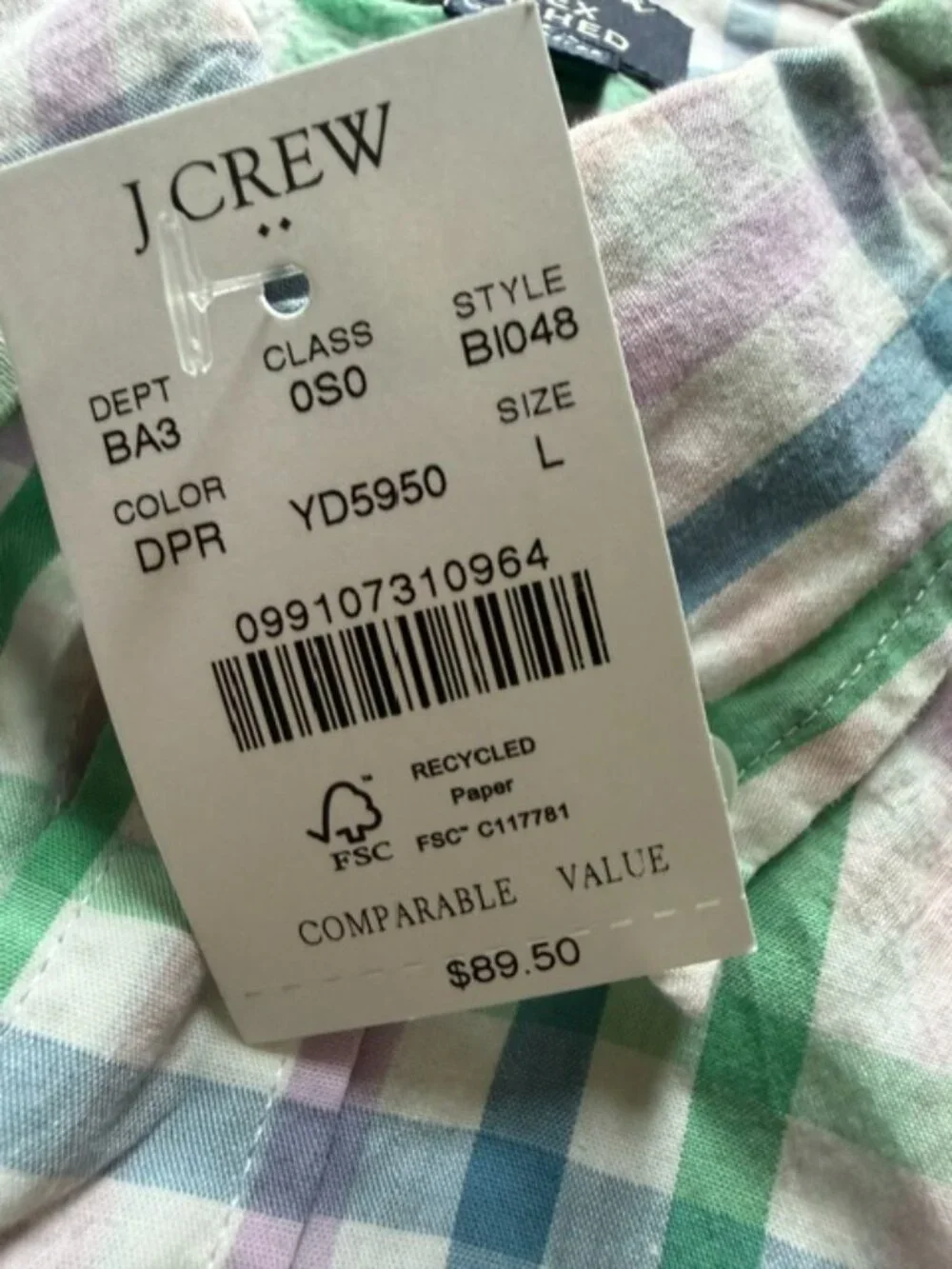 NWT J. Crew Classic Flex Washed Men's Plaid Shirt- size large